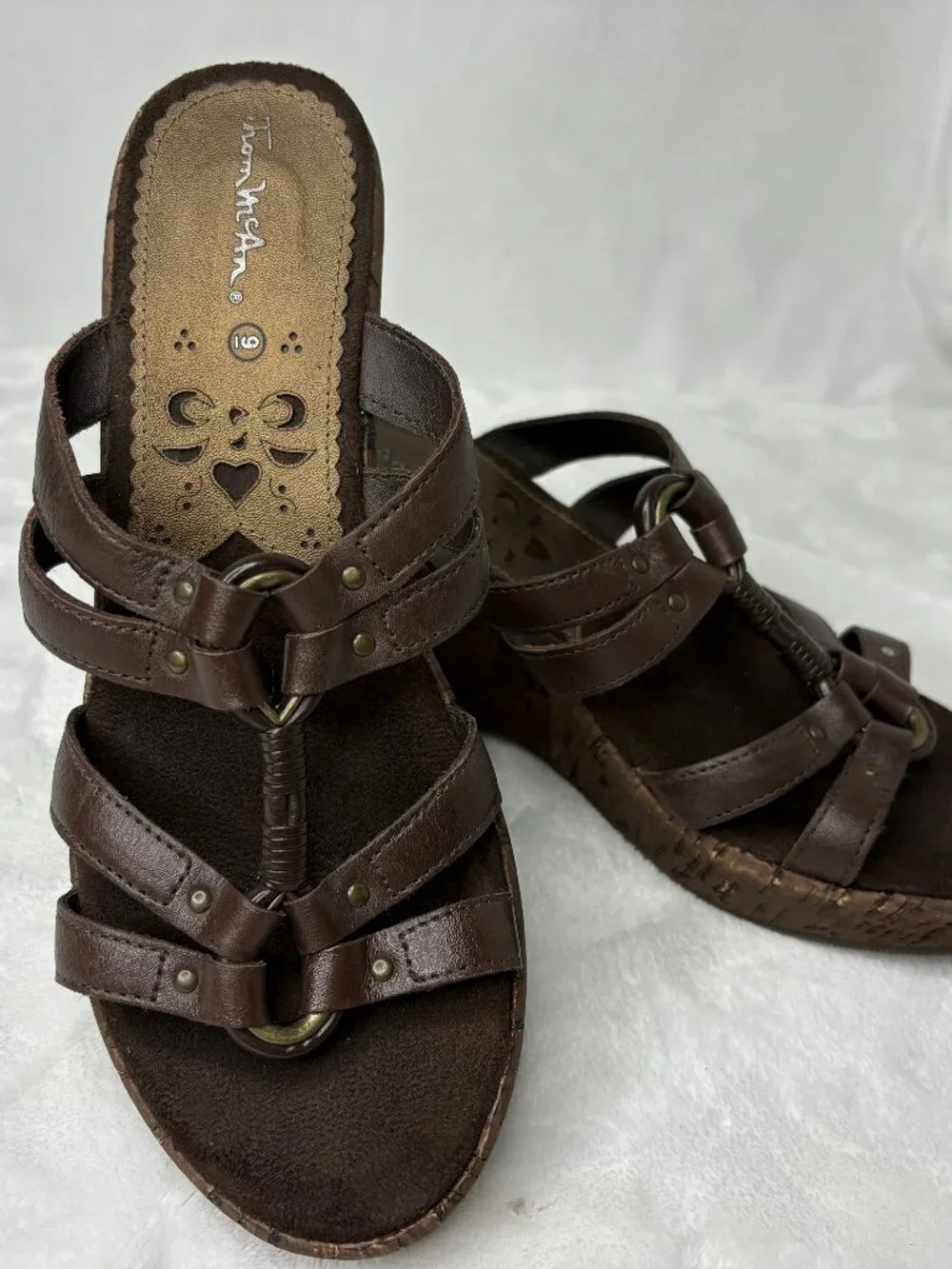 Thom McAn Leather Cork Heel Wedge Sandals - Size 9